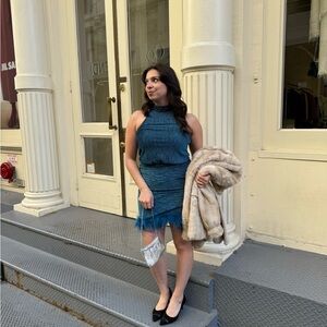 Velvet blue dress with feather trim